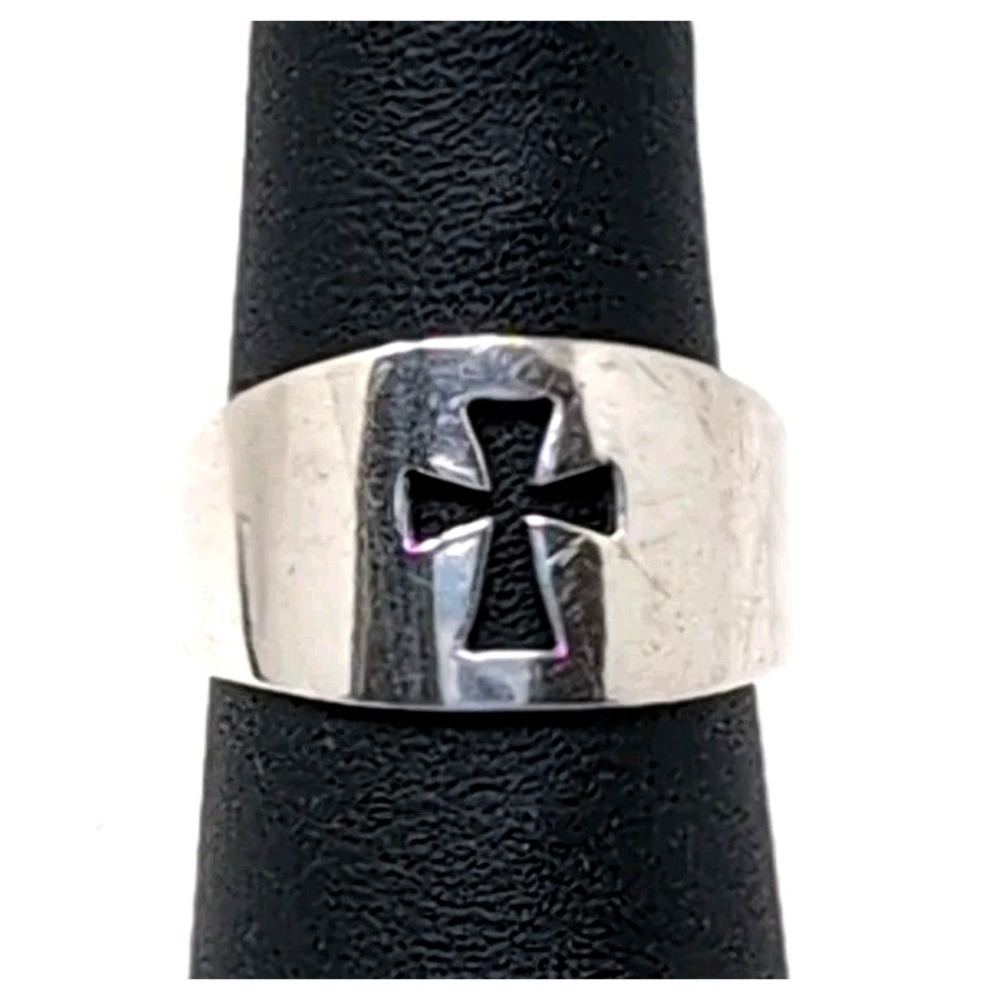 Cross Ring 925 Sterling Silver Wide Band Cut Out 3.3g Size ~7